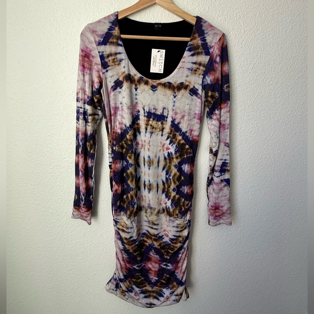 Purple and White Bodycon Dress with Bishop Sleeves